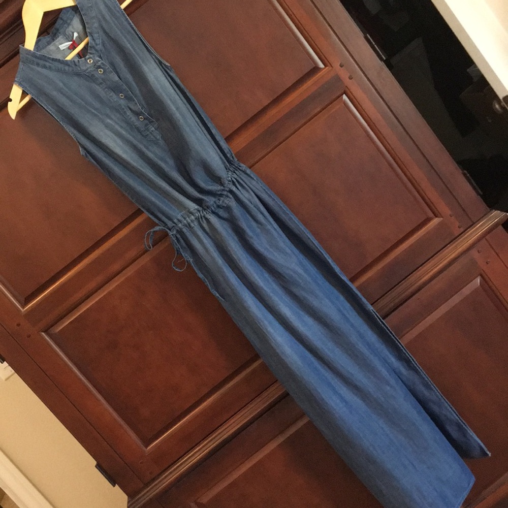 Denim draw string waist sleeveless maxi